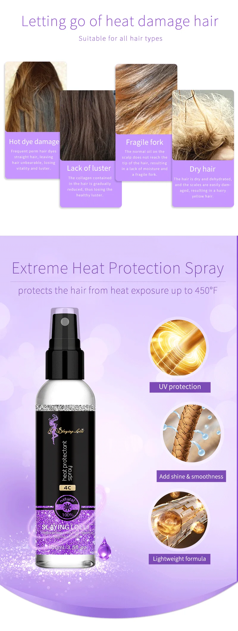 Custom Private Label Lightweight Heat Protectant Spray For Hair Heating