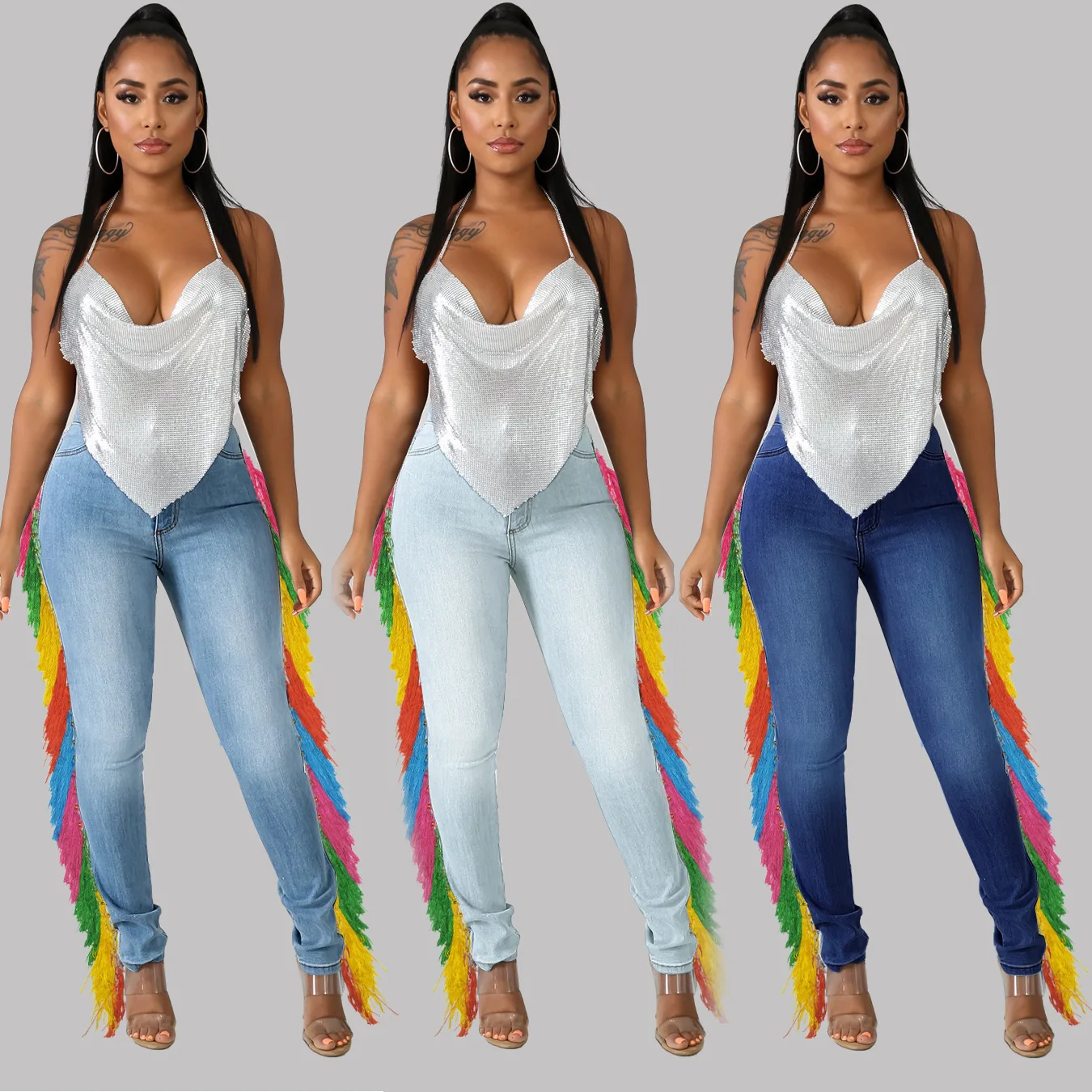 

Vaquero oem cotton side fringe plus size 3XL long colorful tassel skinny fit jeans for women high waist denim trousers, Picture color
