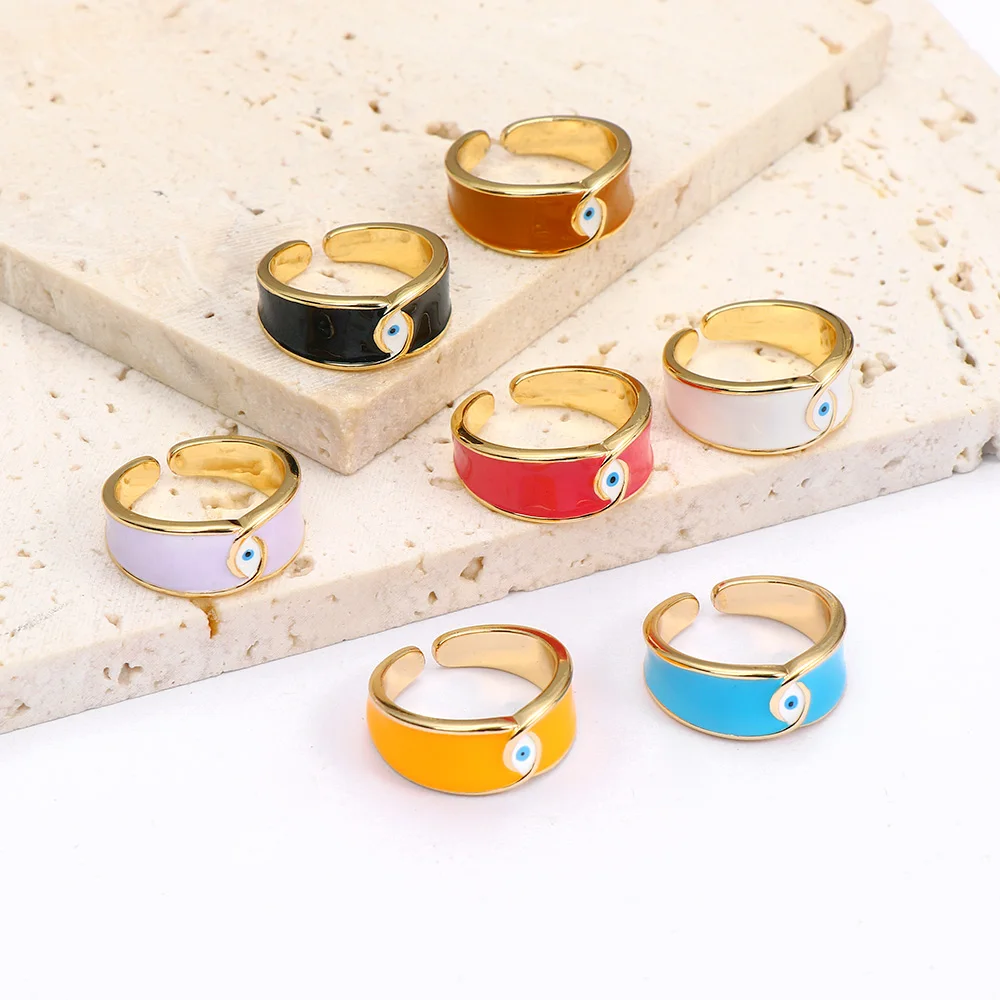 

Candy Color Wide Enamel Rings Gold Color Drip Oil Evil Eyes Open Ring Finger Jewelry