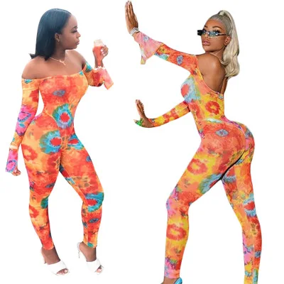 

CL-063 Hot Selling Long Sleeve Off-shoulder Bodycon Jumpsuit Flower Printed Casual Spring jumpsuits