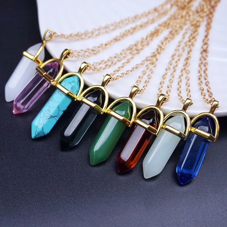 

Hot Sale Hexagonal Column Quartz Necklaces Pendants Vintage Natural Stone Bullet Crystal Necklace For Women Jewelry, Picture