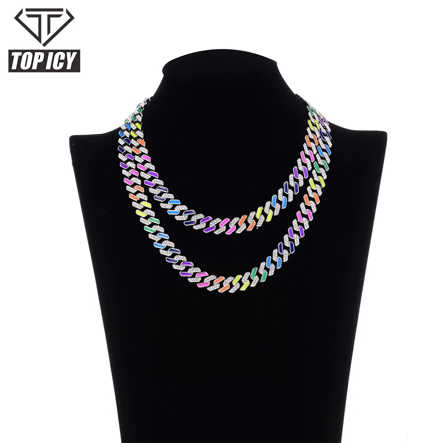 

Hip hop necklace jewelry top selling gold plating alloy colorful rainbow rhinestone iced out cuban Link Chain necklace, White gold/gold