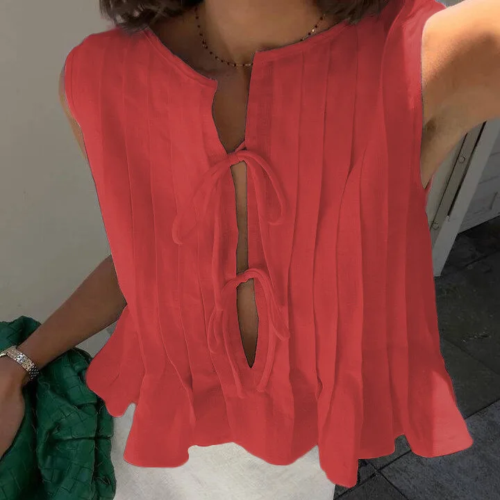 Enyami Woman Pleated Cotton Linen Lace-up Elegant Straight New Chic Vacation Beach Outfits Summer Sleeveless Vest Top
