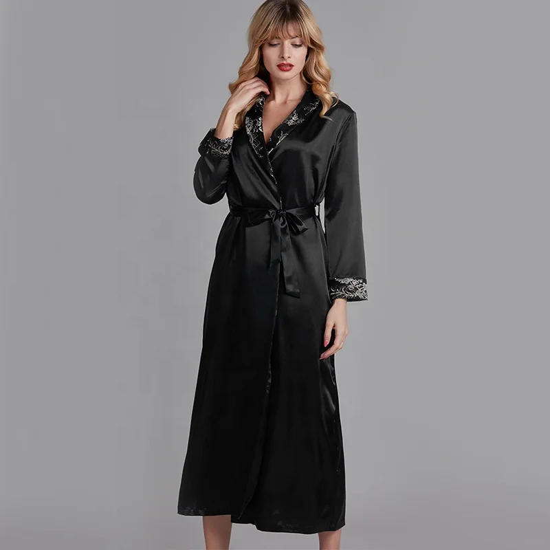 

ladies luxury silk soft Sexy long black satin robe wholesale