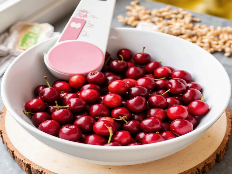 Fresh cherries in bowl with measuring cups