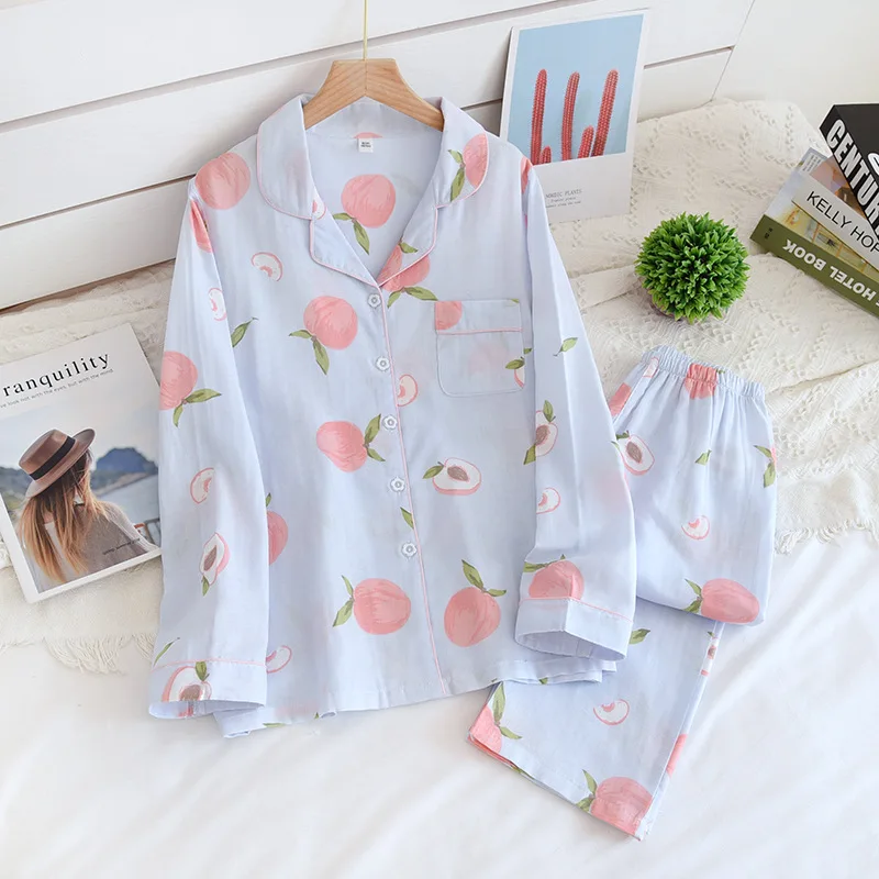

Autumn pyjamas women pajamas sets 100% gauze cotton cartoon long sleeves sleepwear women, Pink, white, navy, black, orcustomized color