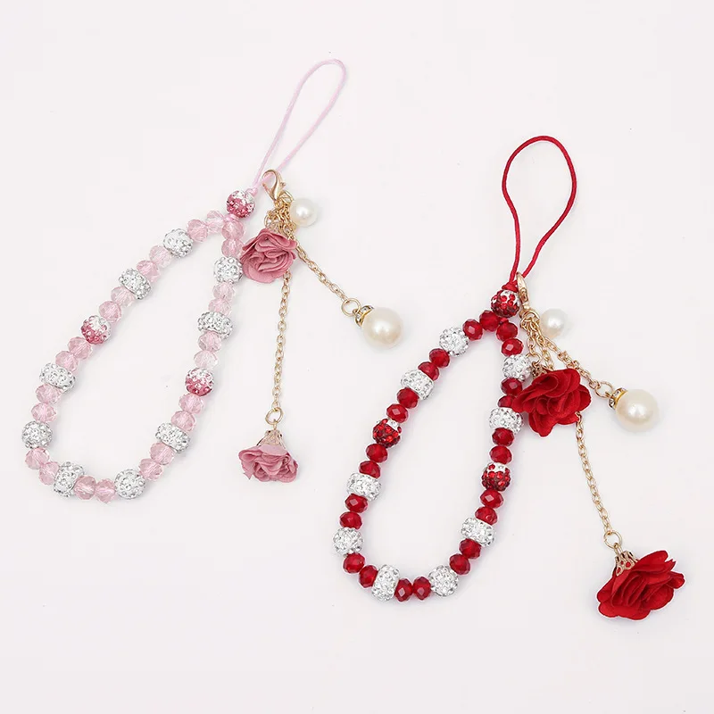 

Creative Crystal Phone Chain with Flower Pendant Pink Mobile Phone Strap Charm for Keychain Car Handbag Decoration Accessories