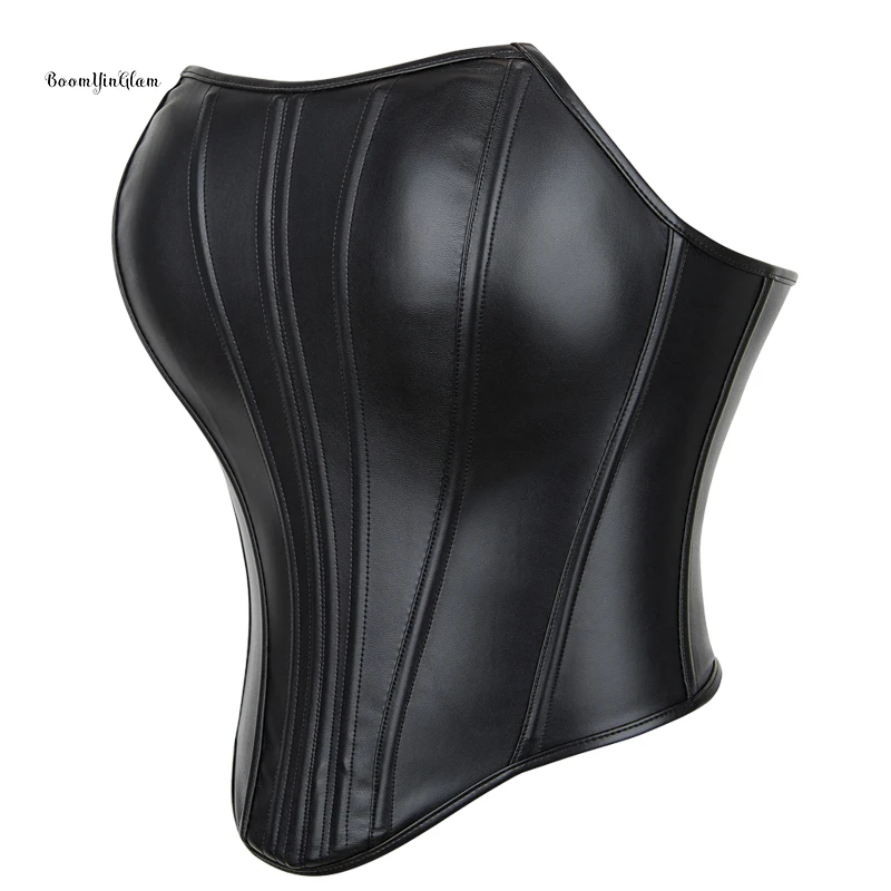 Women PU Faux Leather Tube Top Strapless Sleeveless Zip Side Bustier Corset Crop Top