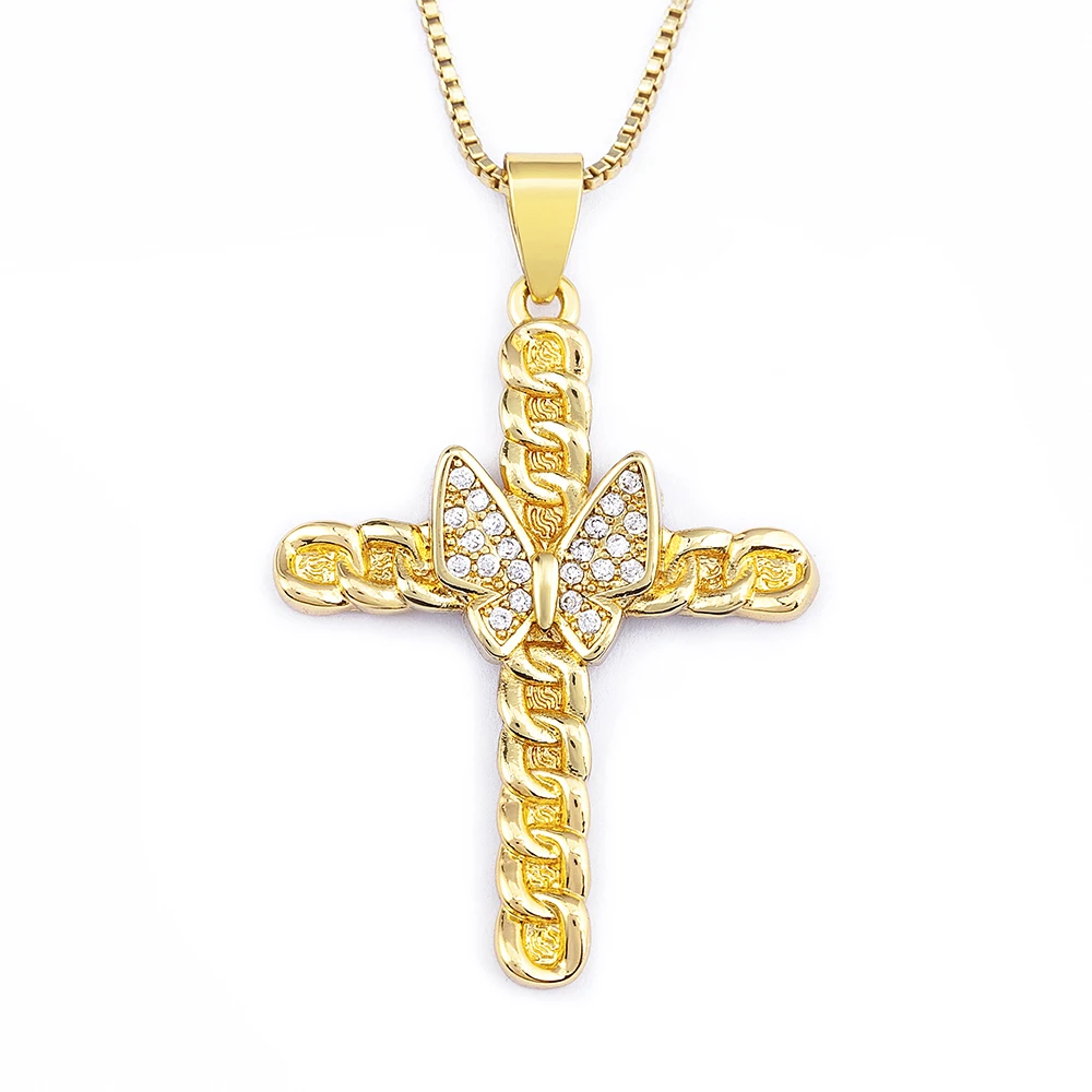 

High Quality 18K Gold Plated Diamond Butterfly Cross Pendant Necklace Cubic Zircon Chain Jewelry for Women Wholesale Price, As pictures