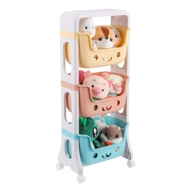 

Colorful Smiley Design Children Playroom Decor Doll Rack Shelf Plastic Bins Box Mobile kids Toy Storage Organizer Rolling Cart