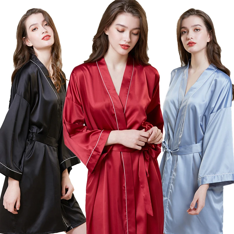 

Seamless Silk Sleepwear Pajamas Satin Girls Long Sleeve Nightgown, Red blue black white etc