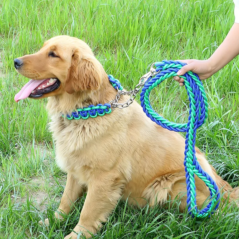 

Custom brand Pet Supplies Nylon Woven Rope Dog leash and adjustable woven dog collars with chain for Medium dog, Multi-colors