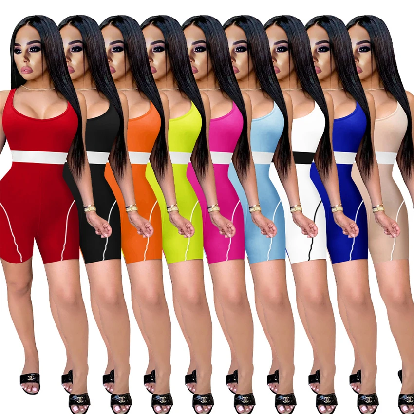 

Boutique Hot Sale Summer One Pieces Short Jumpsuit Women Stretchy Solid Color Playsuits Fitness Lady Rompers, Custom choose