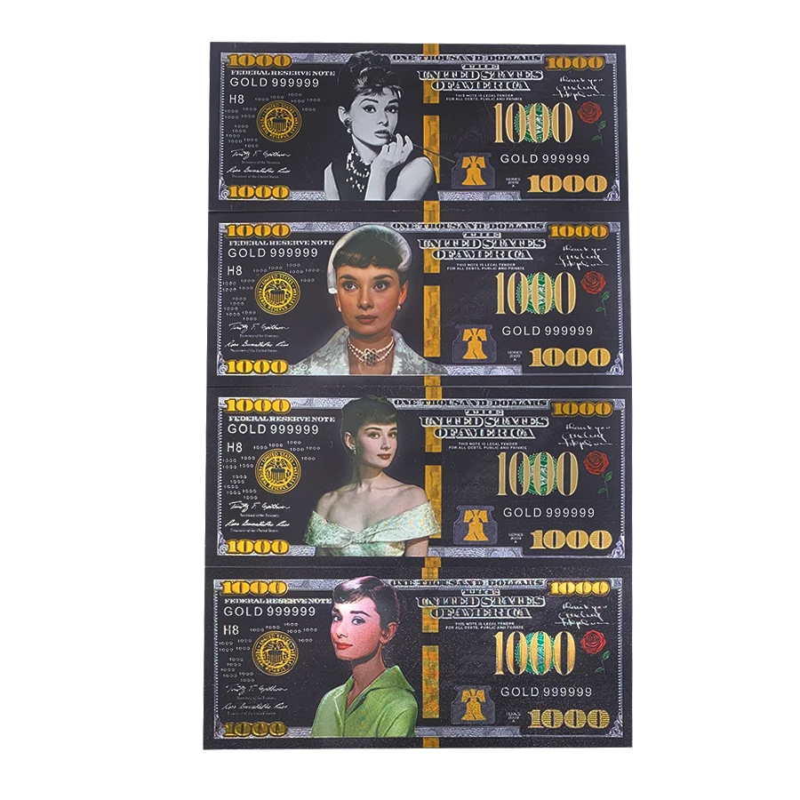 

Audrey Hepburn Celebrity Postcard Bank Notes Black Gold Banknotes1000 Dollars Foil Bill Banknote Prop Money Commemorative cards