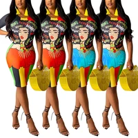 

2019 New Fashion Sexy Dress Print Round Neck Short Sleeve Colorful Bodycon Dress Lady
