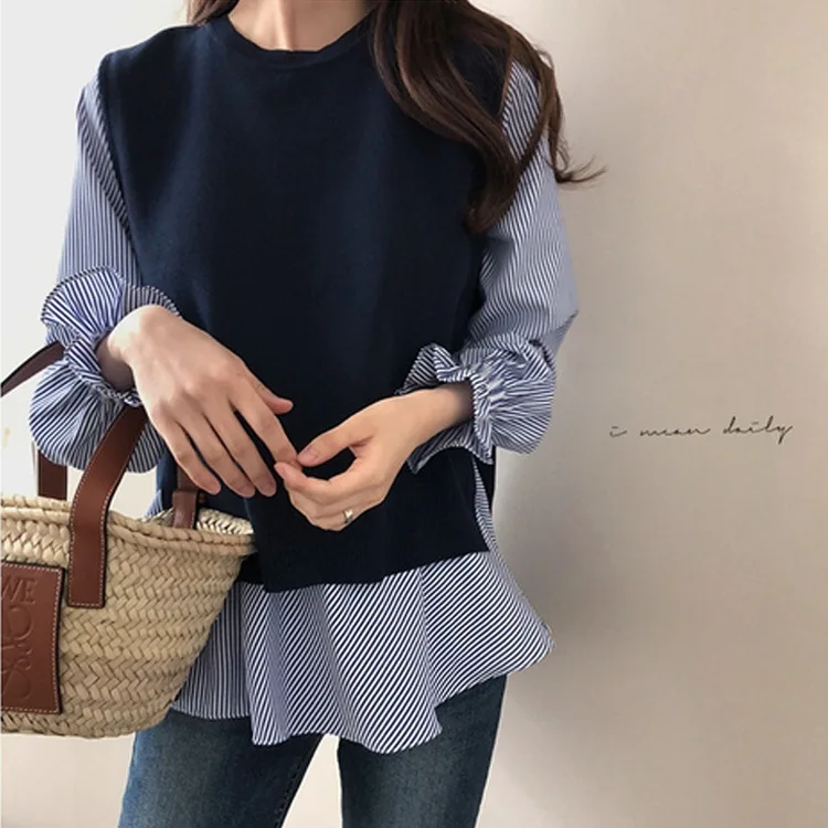 2026 Spring and Autumn Korean Round Neck Ruffled Ladies Shirt Elegant Literary Ladies Shirt