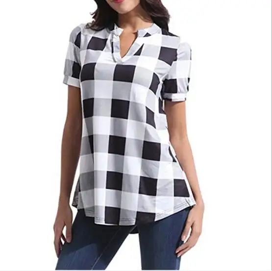 

2020 European and American fashion explosions plaid print V-neck short-sleeved loose ladies large size shirt