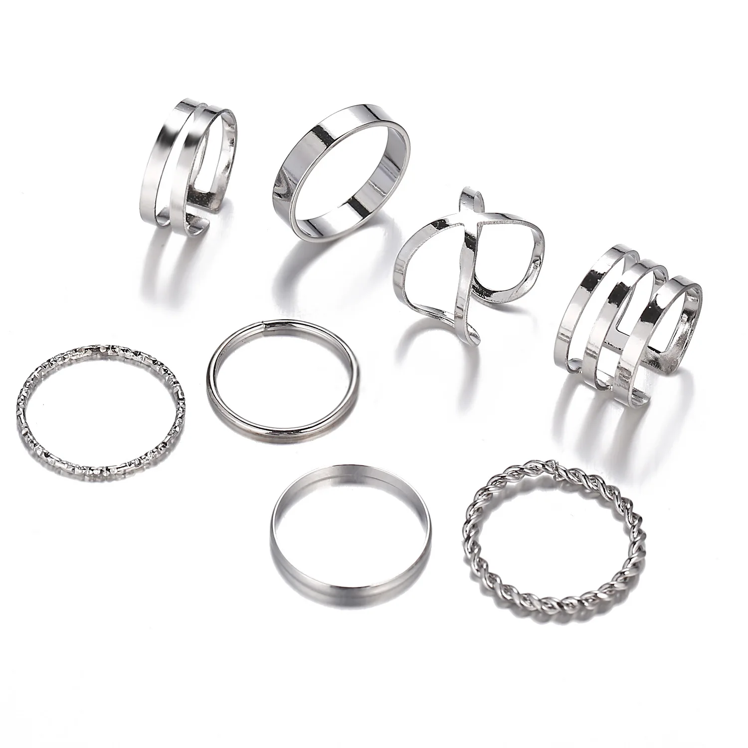 

Creative retro simple multi-layer open cross twist ring set 8 pieces, Gold/rhodium