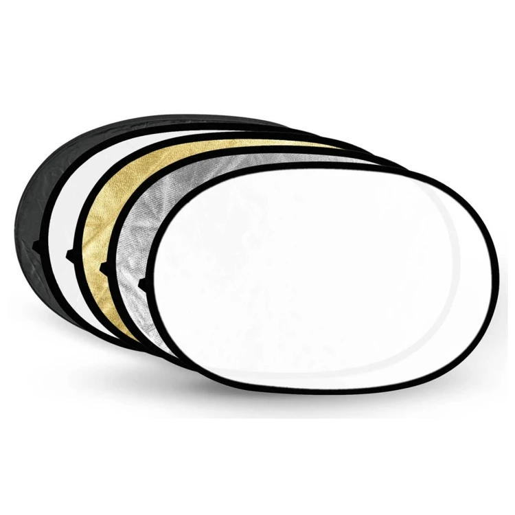 

FT05-1  5 in 1 Oval Folding Reflective Photography Board Background Reflector Board For Photo Shooting, Silver / soft / gold / white / black