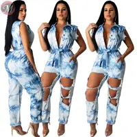 

9080521 queenmoen sexy fashion short sleeve button tie dye washed ripped hole loose woman denim jumpsuit