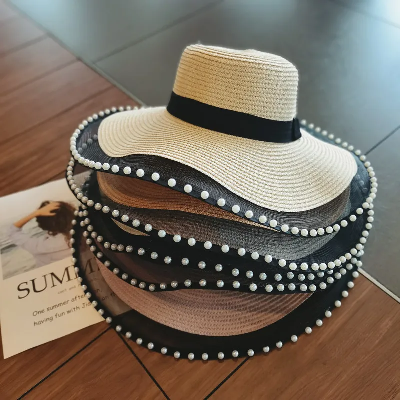 

Summer Mesh Belt Straw Hat with Pearl Beach Hats for Women Sun Hats for Travel Female Wedding Caps