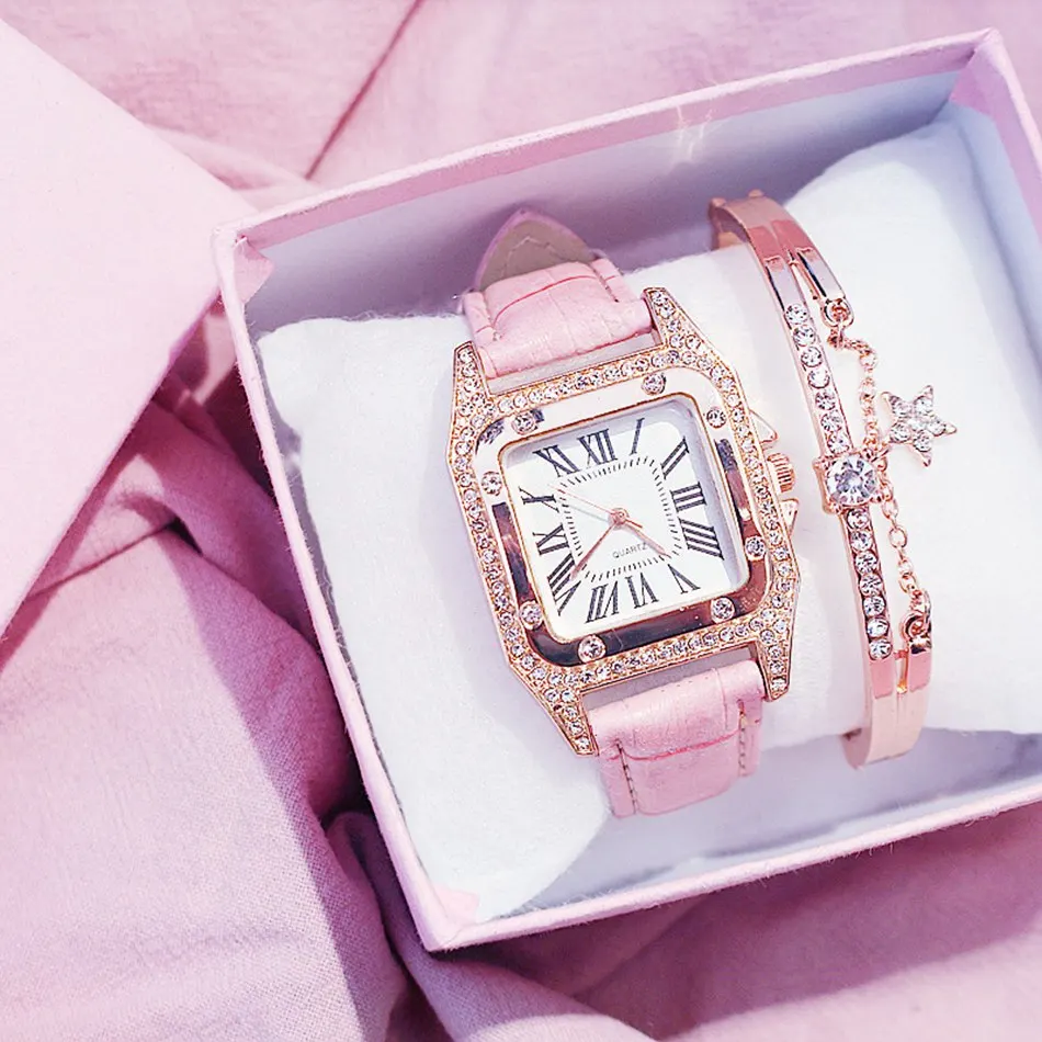 

Women Diamond Watch Starry Luxury Bracelet Set Watches Ladies Casual Leather Band Quartz Wristwatch Zegarek Damski Dropshipping, As show