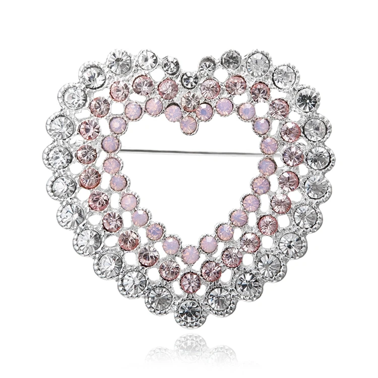 

Classic Charm Mother Gift Pink Silver Rhinestone Crystal Love Heart Brooch Pins Jewelry For Women, As picture