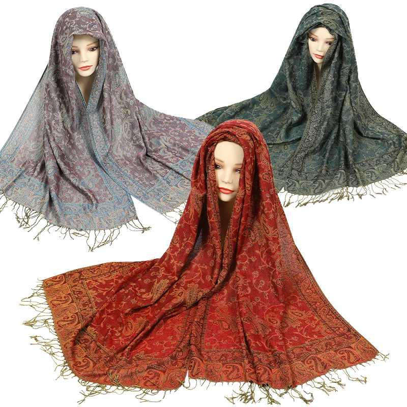 2025 Hot Selling Ethnic Ladies Large Tassel Jacquard Shawl Paisley Faux Pashmina Cashmere Scarf for Women