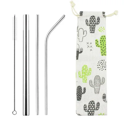 

P12 Stainless steel straw 5 pieces set 9 creative patterns cloth bag reusable drinking straws, Silver