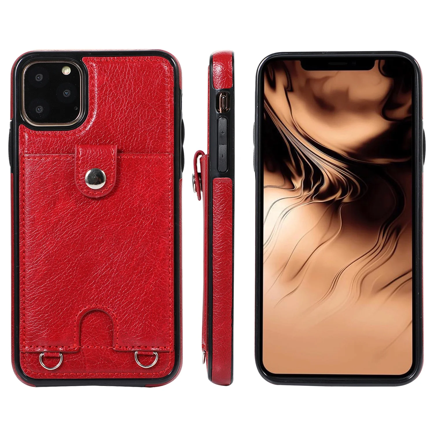 

Shockproof PU Leather Friendly TPU Phone Cover for iPhone 11 With Necklace Strap Protective Phone Case for iPhone 11 Pro, Multi colors