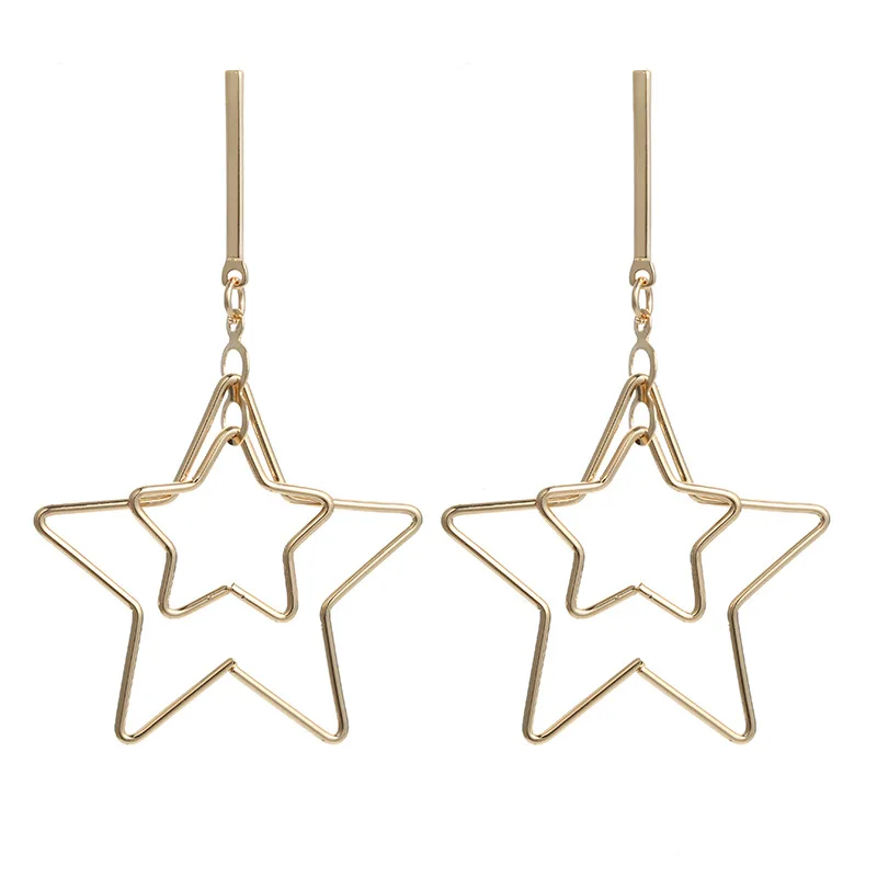 

New Korean Fashion 18K Gold Plating Hollow Star Dangle Earrings Double Layer Star Drop Earrings