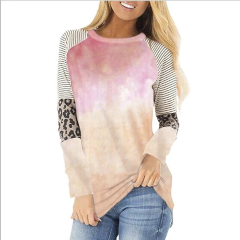 

New Arrival T-shirt Wholesale New Fashion Autumn Spring Women Long Sleeve O-neck Loose Floral Print Tie-dye Women T-shirt, As shown in the picture