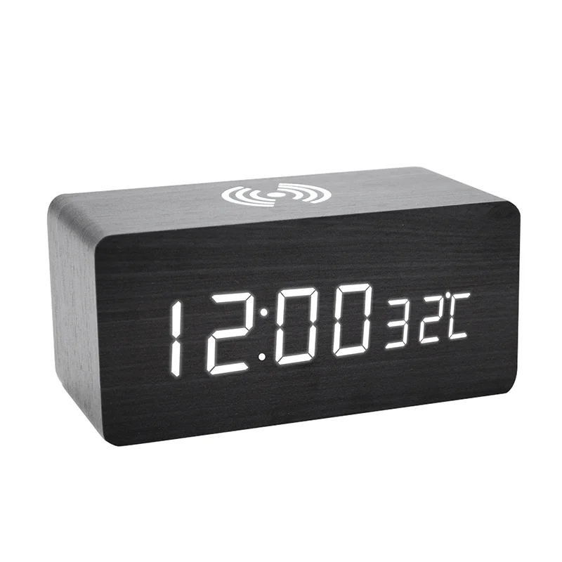 

Multifunctional Wireless charger Desk clock LED Wooden Digital Alarm Clock With Temperature display