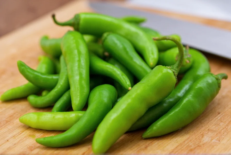 Close-up of fresh green serrano peppers on a wooden cutting board with kitchen knife