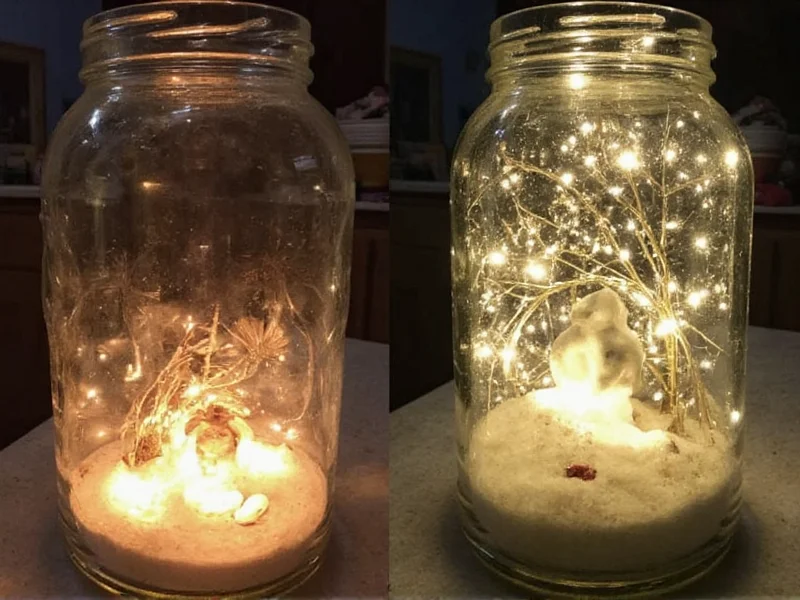 Recycled glass jar transformed into winter-themed snow globe