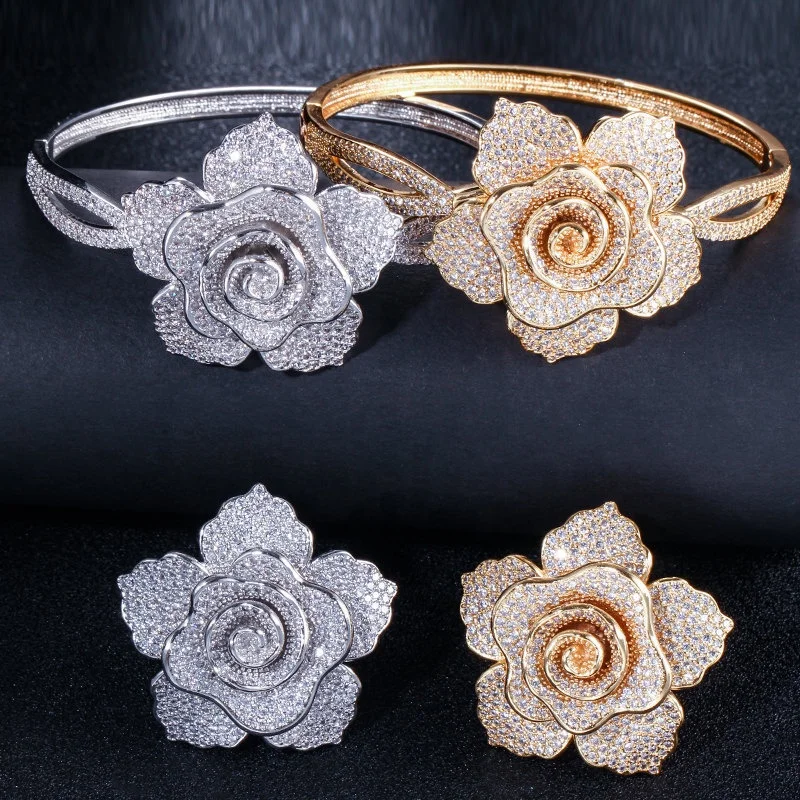 

Luxury Big Flower Micro Pave Cubic Zircon Engagement Rings Bangles African Gold Color Wedding Jewelry Sets, Picture shows
