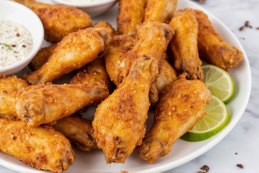 Crispy golden brown salt and pepper chicken wings on white plate with fresh pepper flakes and lime wedges