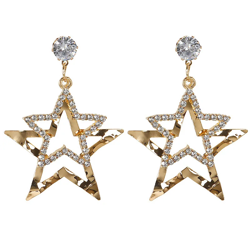 

Fashionable double layer hollow star earring female zircon pentagonal exaggerated personality drop earring (KER493), Same as the picture