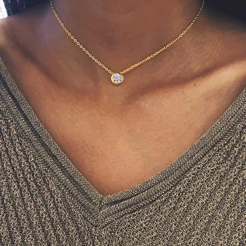 

Minimalist S925 Sterling Silver Round Cubic Zircon Pendant Necklace Gold Plated 925 Silver Zircon Stone Clavicle Chain Necklace, Picture shows