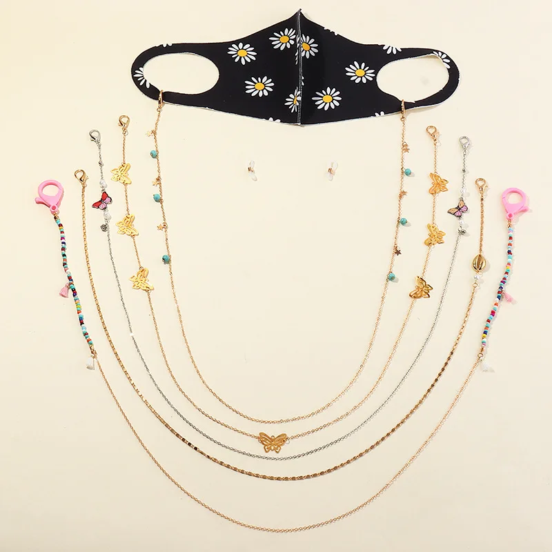 

Wholesale Fashion Masked Chain Holder Sunglasses Necklace Chain Accessories Butterfly Gold Facemasking Chain Holder Women Girls, Multicolors