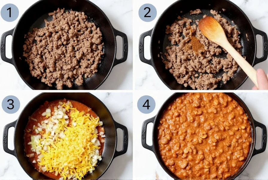 Step-by-step preparation of homemade chili mac cheese showing ground beef browning in cast iron skillet with diced onions and spices