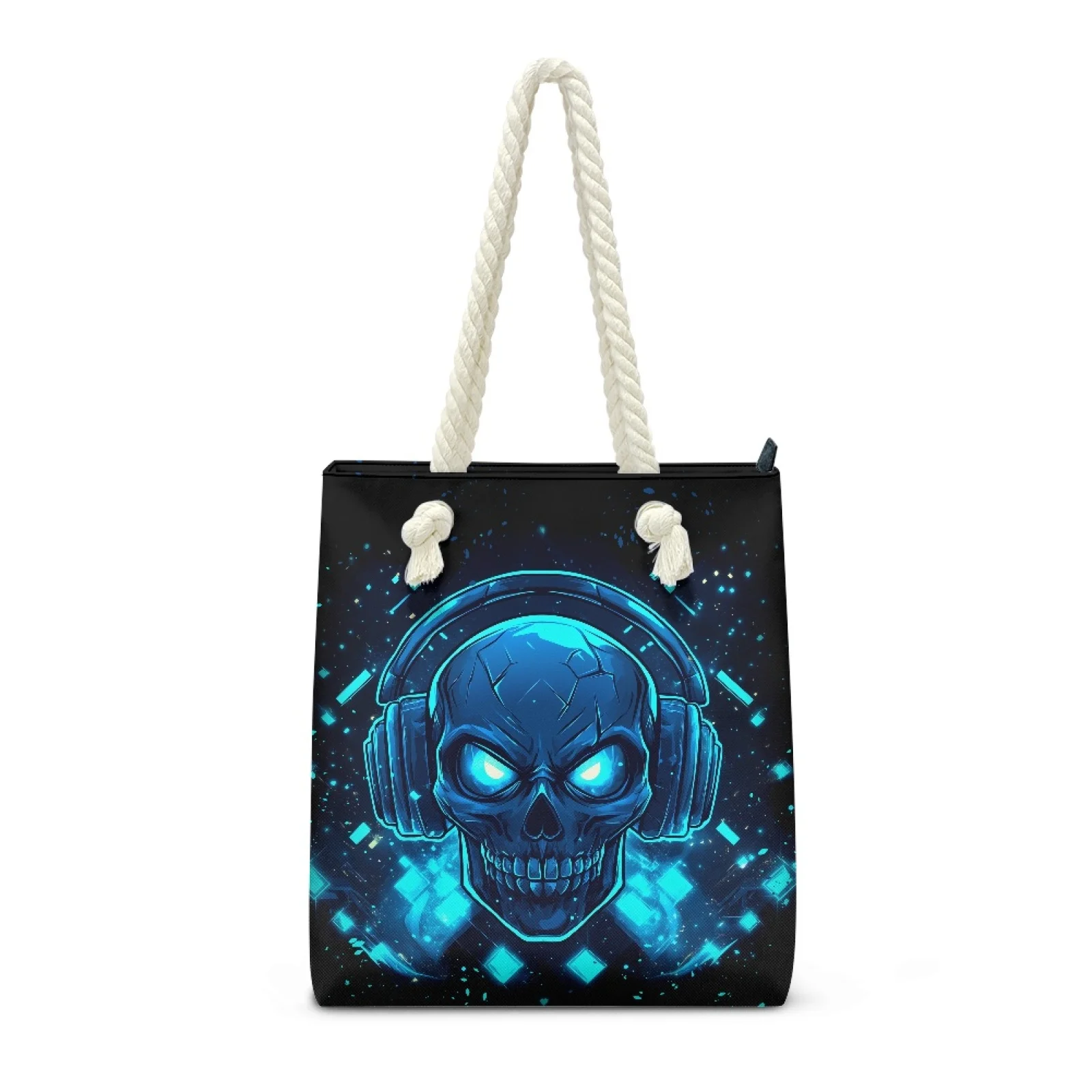 Large Size Women's Daily Beach Tote Bags Custom Tropical Animal Cartoon Arts Skull Head Print Folding Cotton Rope Handle Handbag