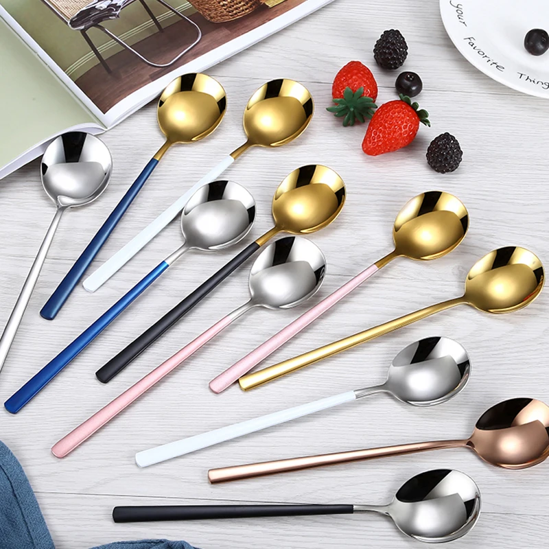 

304 Stainless steel Color handle gold plated Tea Ice Cream Coffee Spoon Round Soup Korean Spoon