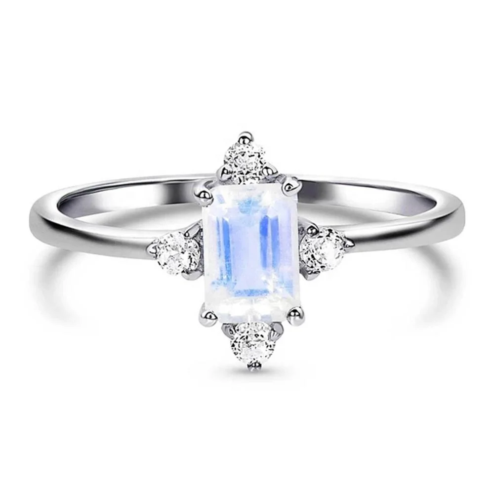 

925 Sterling Silver White gold plated Emerald cut Blue Moonstone Engagement Rings