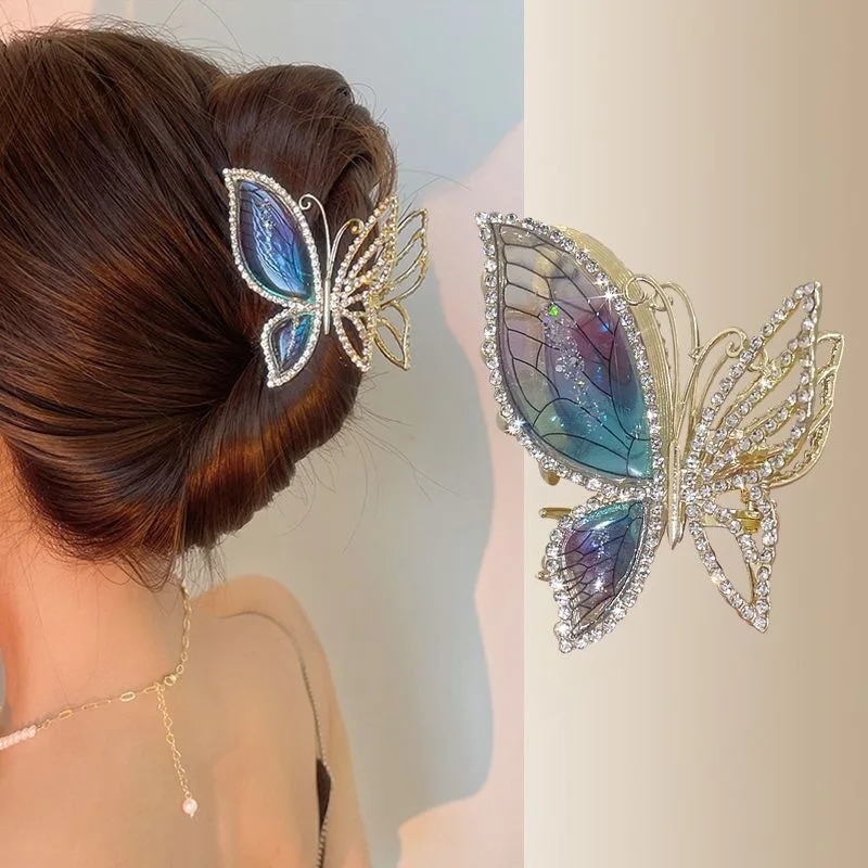 

Full Rhinestone Amber Blue Butterfly Back Head Hairpin Fashion Head Ornament Hair Claw Catch Ponytail Shark Clip