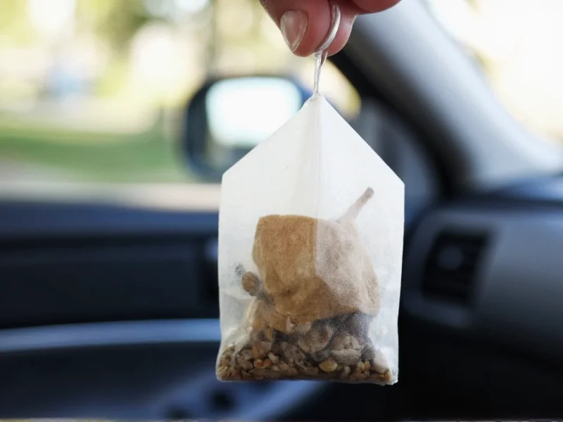 Tea bag DIY car air freshener hanging in vehicle