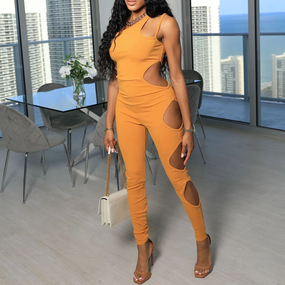 

FS4197D Hot sale Women's one shoulder hollow out jumpsuits