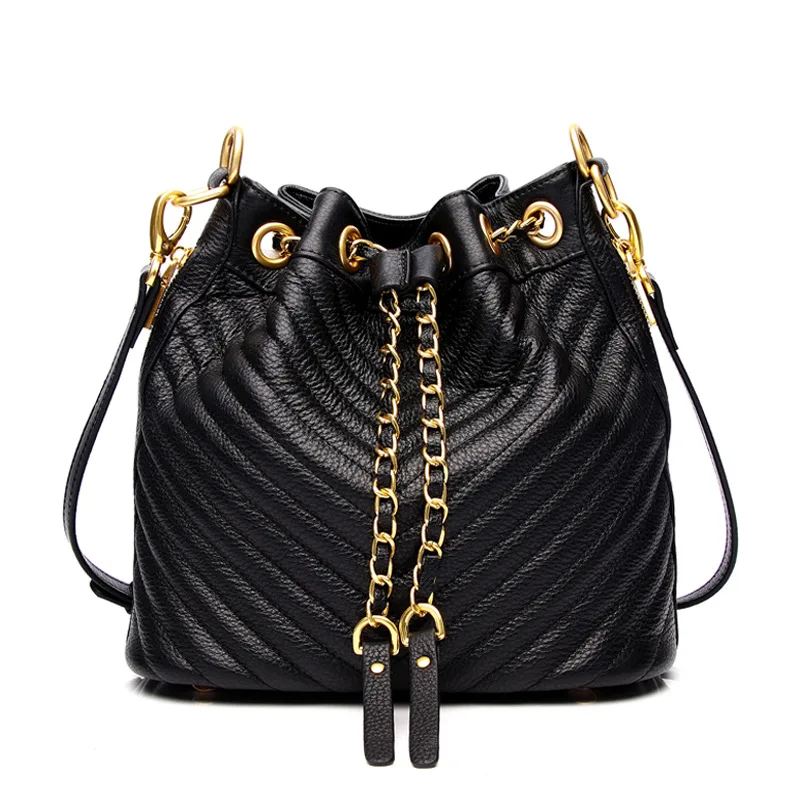 

Wholesale 2021 high quality ladies sling bag chains shoulder bucket bags sewing genuine leather luxury women's handbag, 3 colors