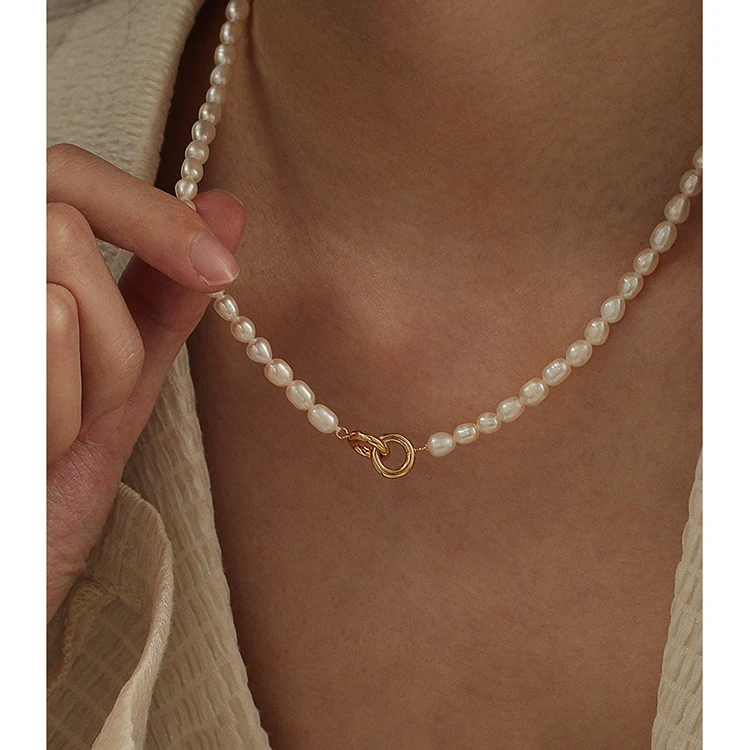 

Stainless Steel Double Circle Natural Freshwater Pearl Necklace 18K Gold Plated Necklaces Elegant Bohemian Handmade Jewelry Hot