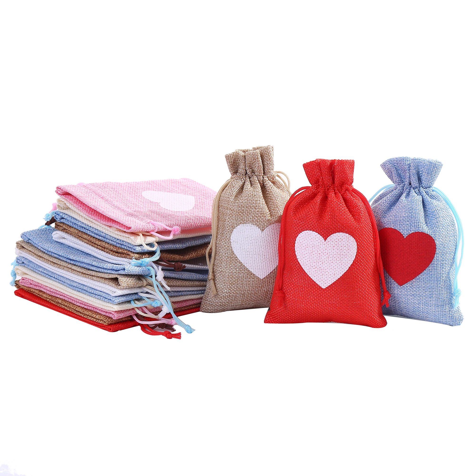 

New Style 10*14 Drawstring Linen Gift Pouch Favor Gift Heart Shaped Linen Small Cloth Bag For Valentine'S DayJewelry